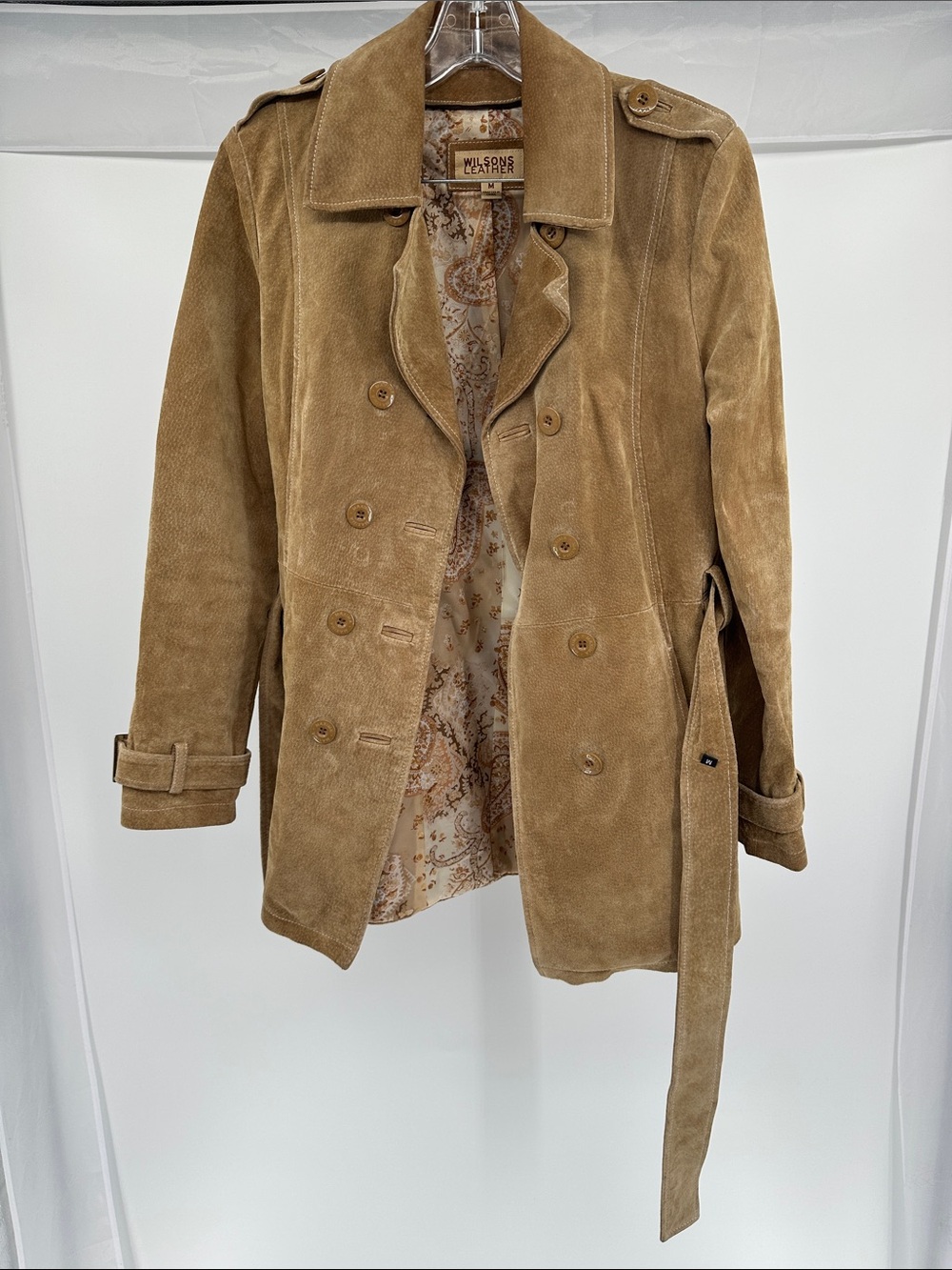 Wilsons Leather Tan Suede Double-Breasted Trench Coat